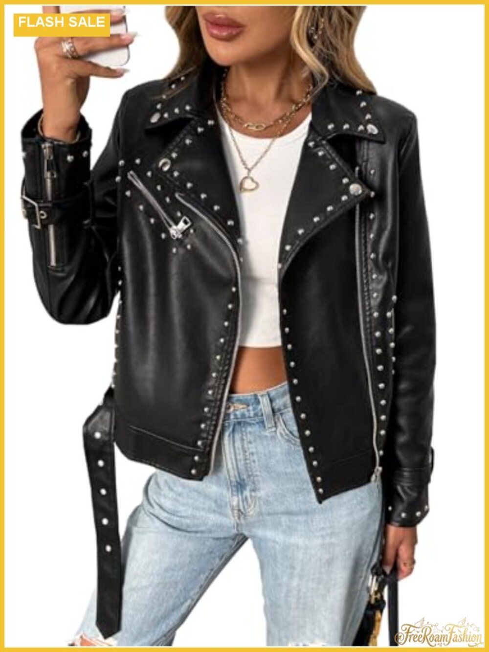 Studded Faux Leather Moto Jacket Biker Coat Asymmetrical Zip Punk